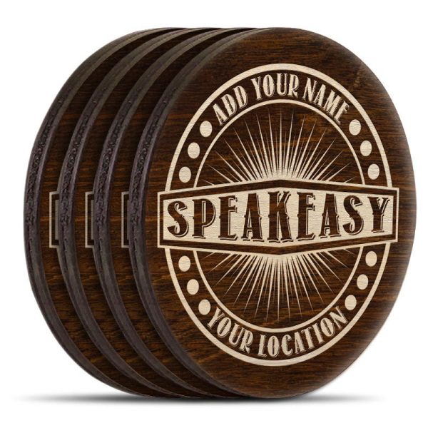Wooden Round Coasters - Customizable Engraved - Speakeasy Theme - Set of 4 For Sale - Image 3